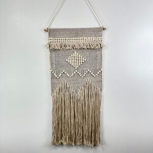 Woven Bohemian Geometric Wall Hanging‎ Beige 7.5" W x 32" L